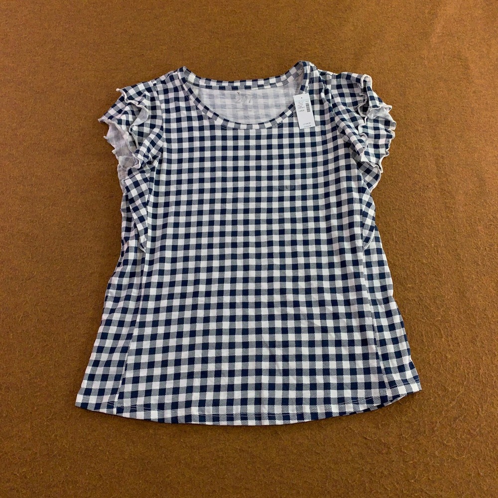 Maurices Women Large Blue Gingham Ruffle Sleeve Cotton Knit Top NWT